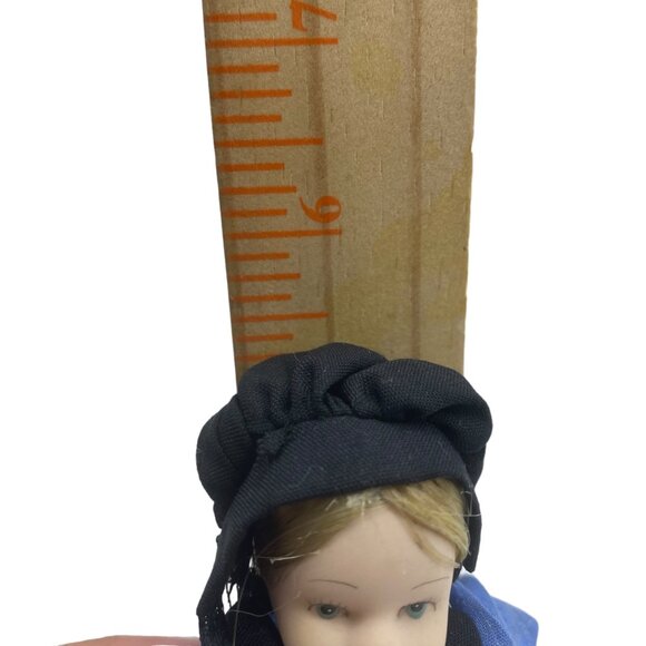 Vtg Little Amish Porcelain Doll With Blue Dress & Black Apron Bonnet 5.5” - Picture 4 of 4